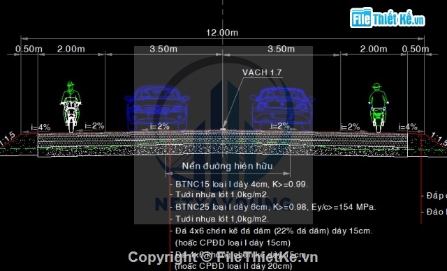 Trắc ngang mẫu đường nội thị rộng 12m